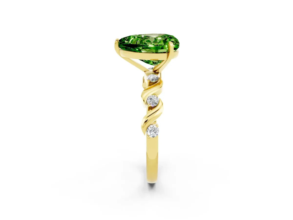 Heart Cut Peridot Solitaire Twisted Band with Round Accents and Prong Setting Yellow gold
