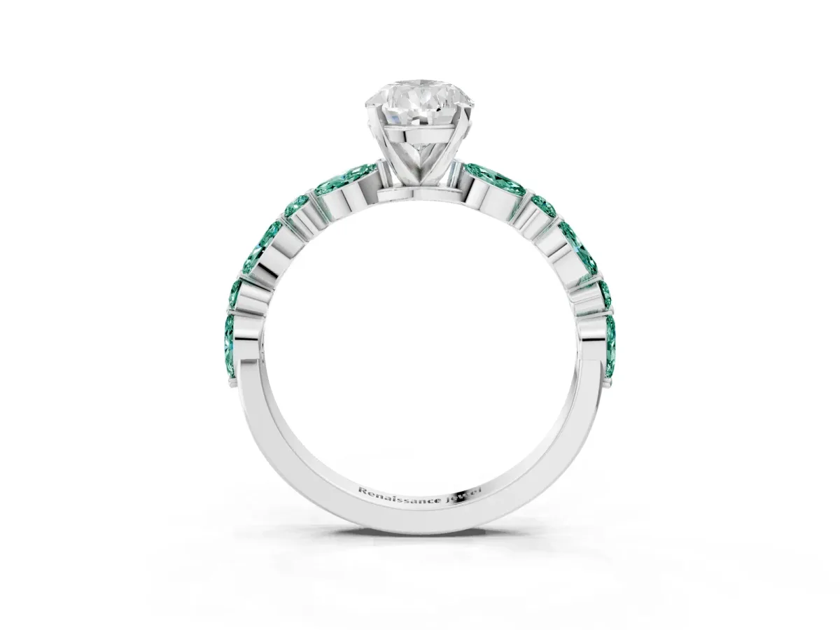 Pear Cut Diamond Ring with Marquise and Round Green Sapphire Side Stones and Four-Prong Setting White gold