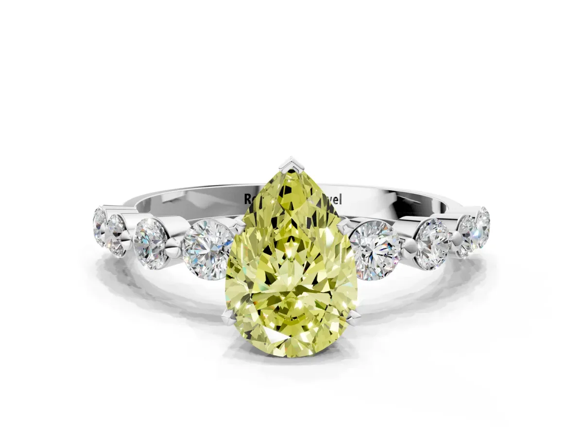 Fancy Yellow Pear Cut Solitaire Diamond Ring with Pave Band and Four-Prong Setting Platinum