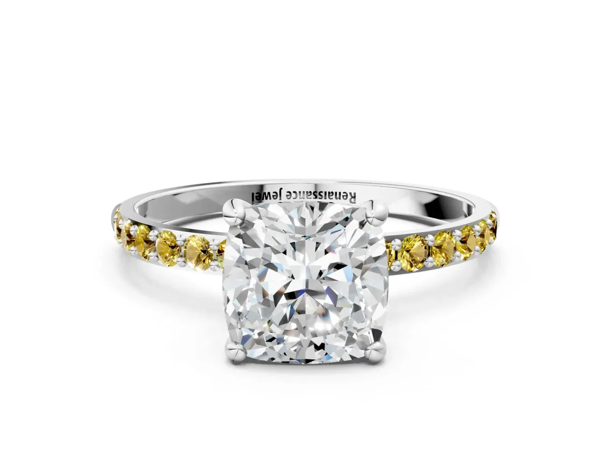 Cushion Cut Diamond Solitaire Ring with Round Yellow Sapphire Pavé Band and Prong Setting White gold