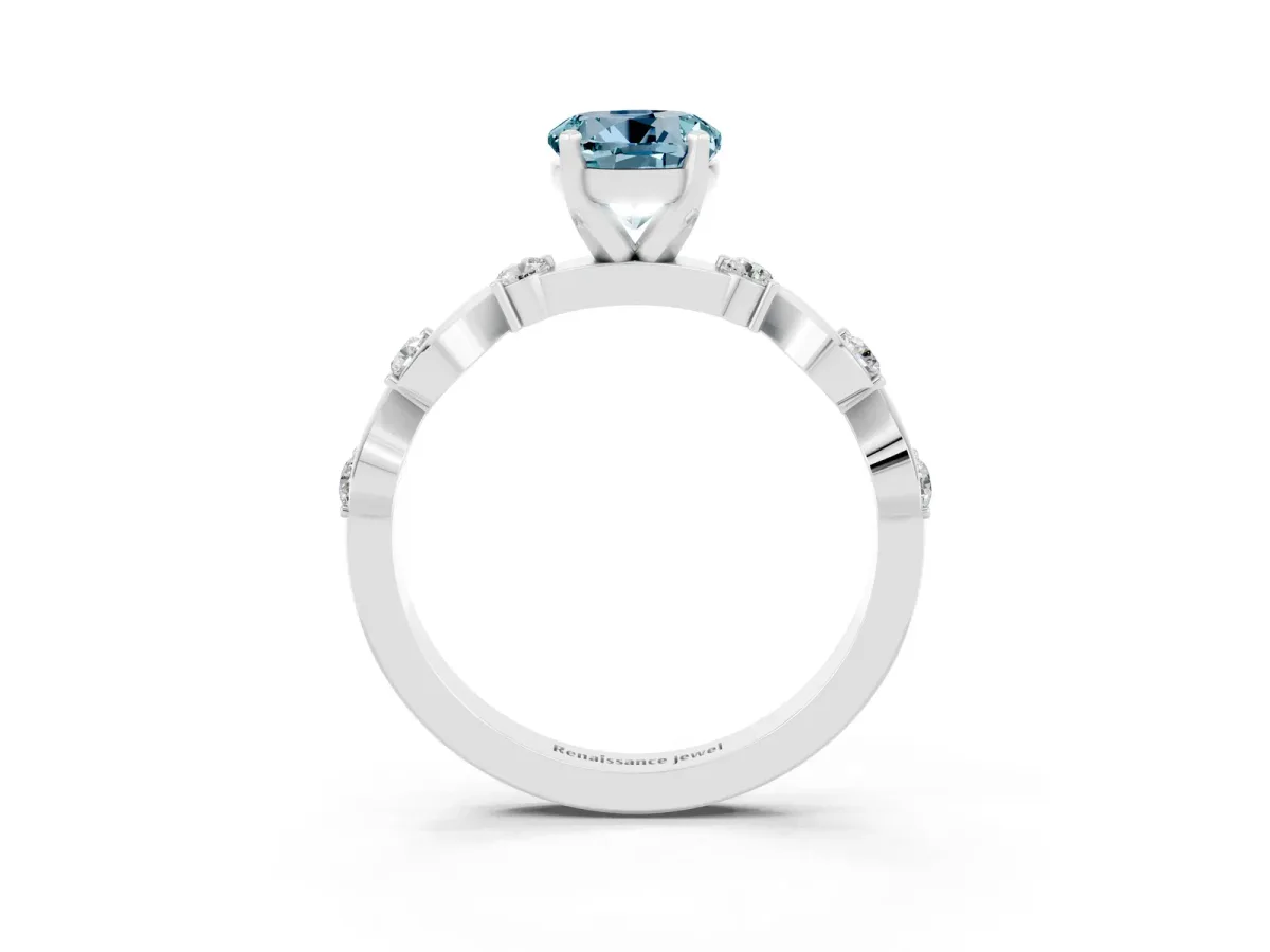 Round Cut Aquamarine Solitaire Twisted Band with Round Accents and Prong Setting White gold