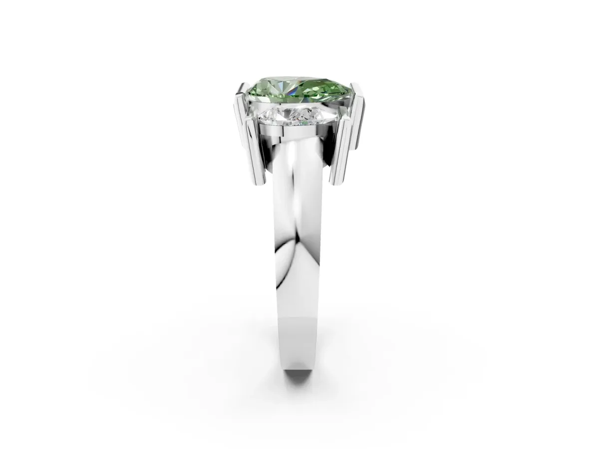 Fancy Green Three Stone Pear Cut Cut Channel Set Diamond Ring Silver