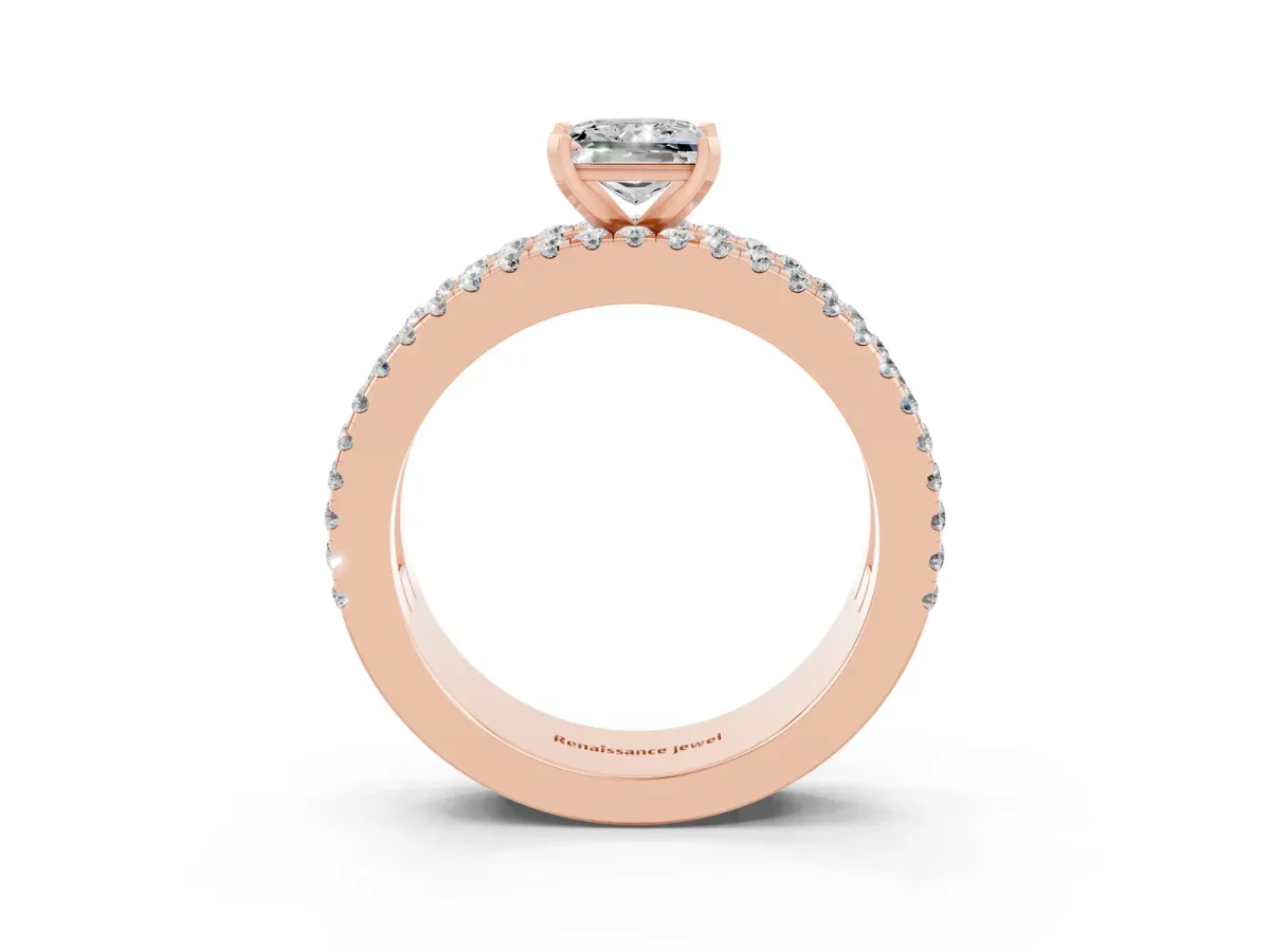 Princess Cut Moissanite Solitaire Ring with Pavé and Channel Set Band Rose gold