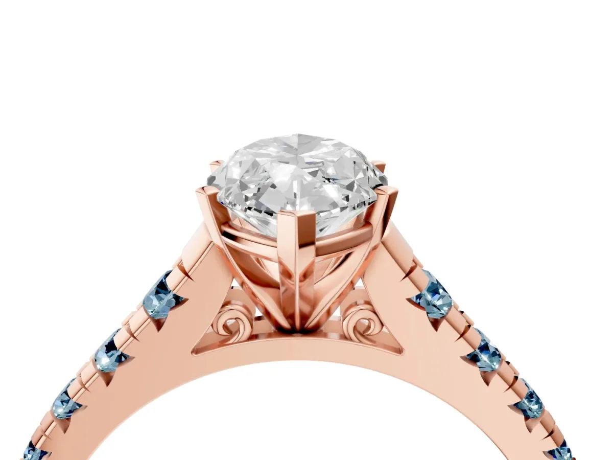 Marquise Cut Diamond Cathedral Solitaire Ring with Round Aquamarine Pavé Band Rose gold