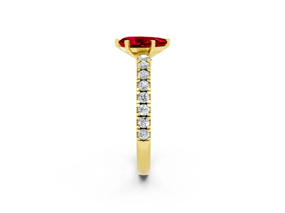 Pear Cut Solitaire Ruby with Pavé Band and Four-Prong Setting Yellow gold