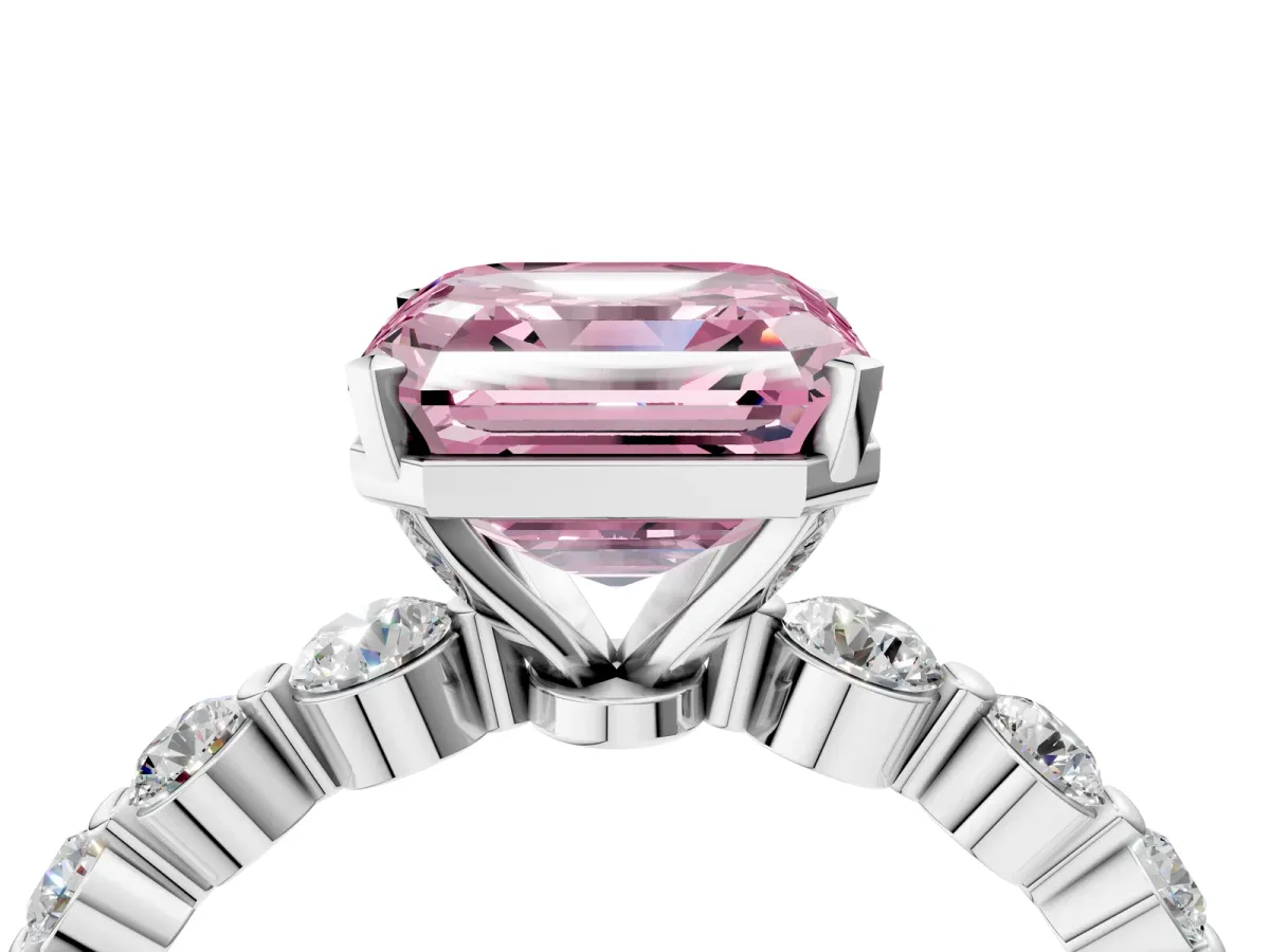 Fancy Pink Asscher Cut Solitaire Diamond Ring with Pave Band and Four-Prong Setting Platinum