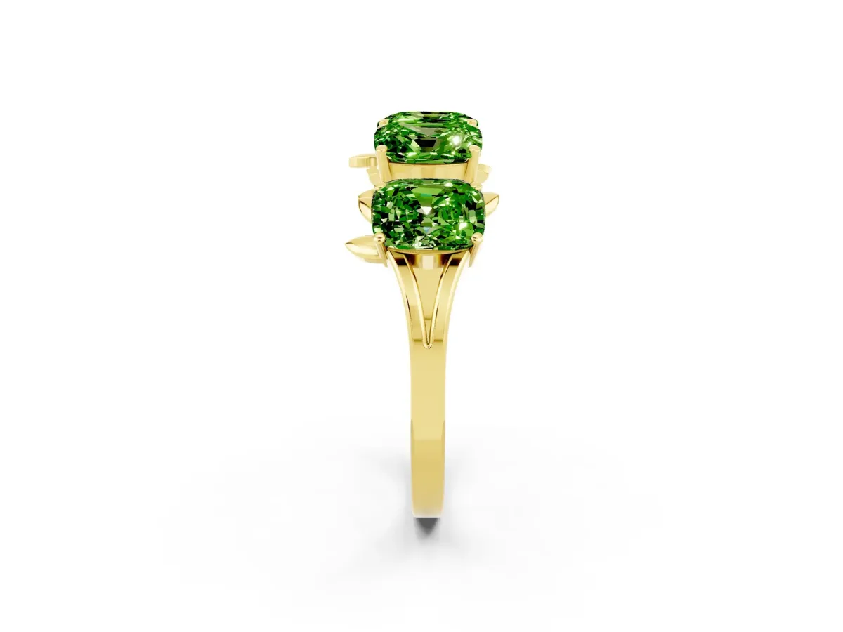 Four-Stone Elongated Cushion Peridot Band with Nature-Inspired Prong Setting Yellow gold