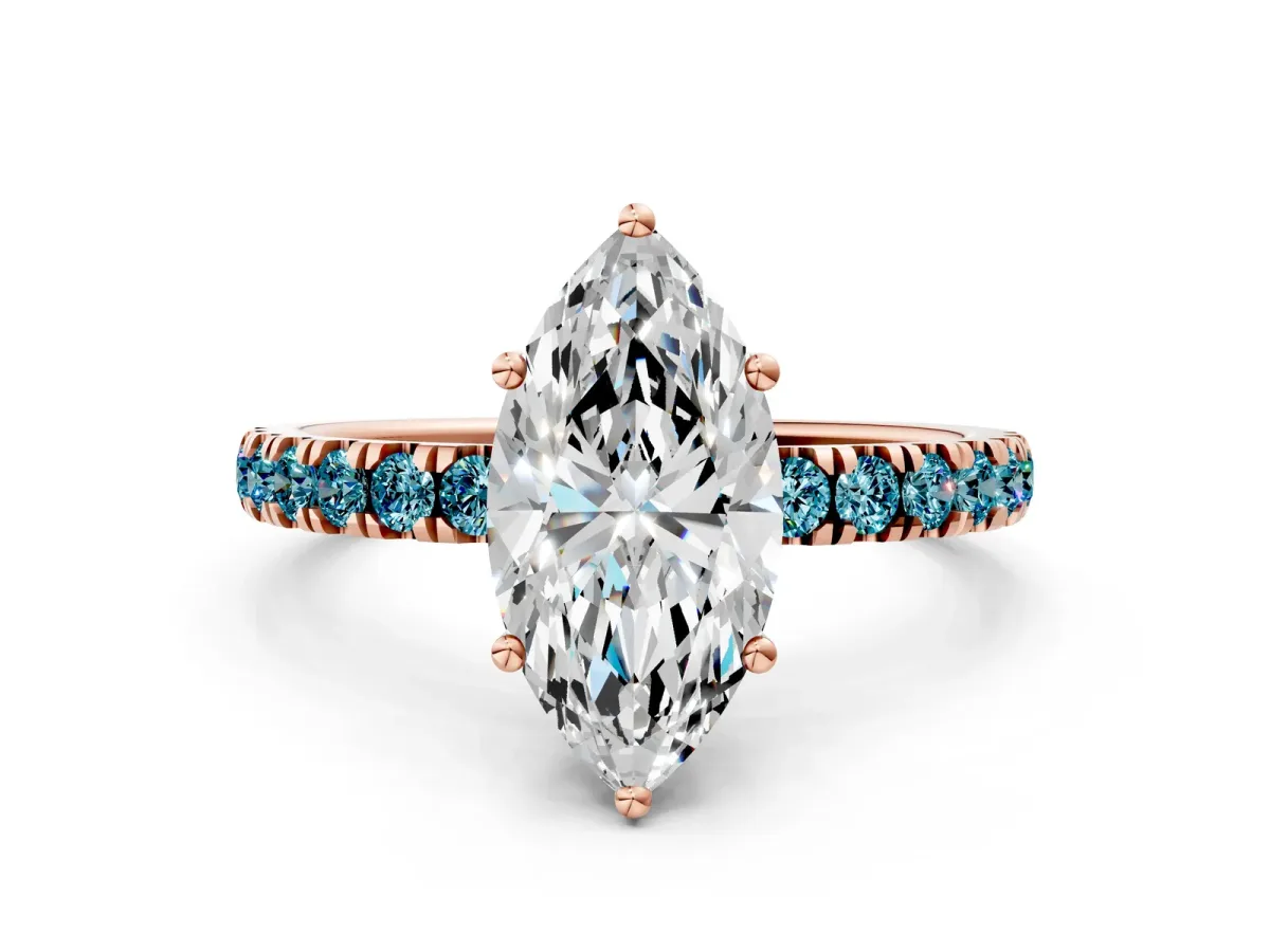 Marquise Cut Diamond Pave Band Solitaire Ring with Round Blue Topaz and Prong Setting Rose gold