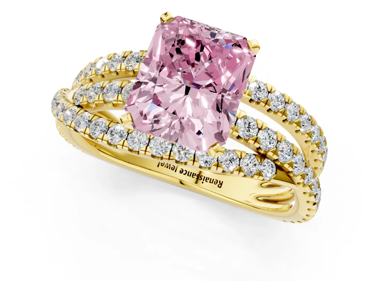 Fancy Pink Radiant Cut Solitaire Twist Band with Pavé Setting and Four-Prong Setting Yellow gold