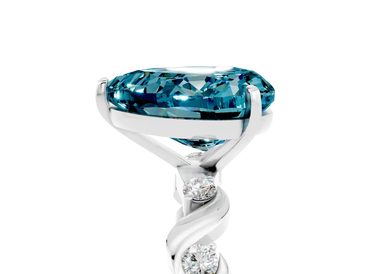 Heart Cut Blue Topaz Solitaire Twisted Band with Round Accents and Prong Setting White gold