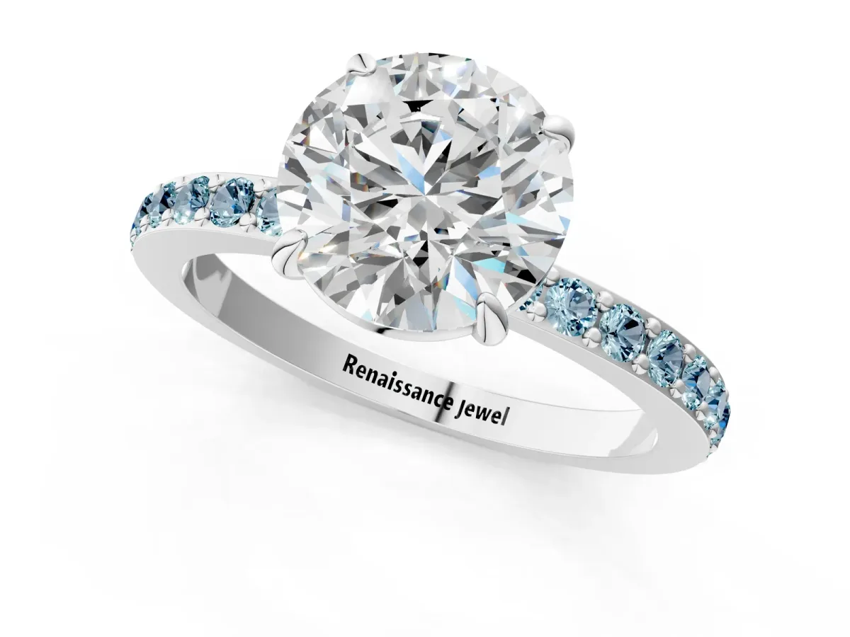 Round Cut Diamond Pavé Engagement Ring with Round Tanzanite Accents and Prong Setting White gold