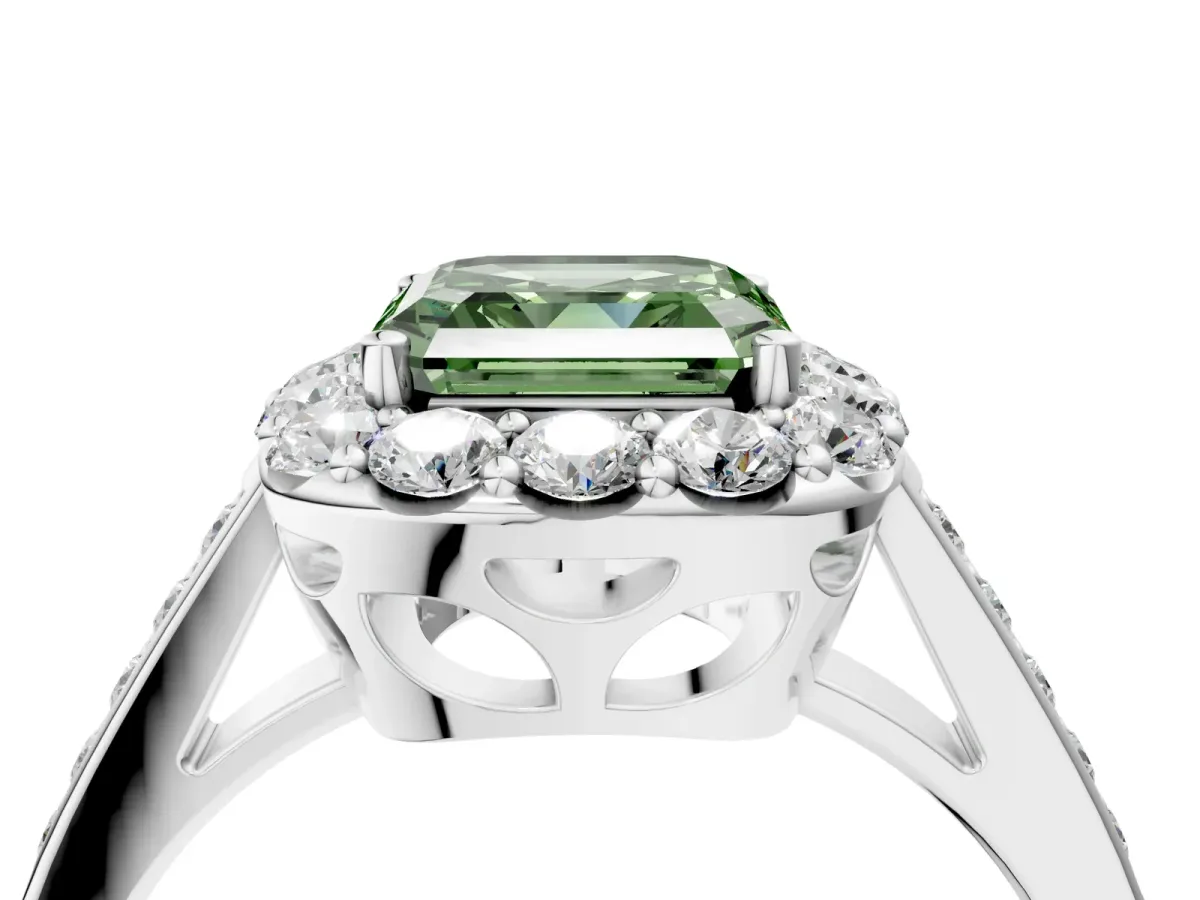 Fancy Green Asscher Cut Diamond Floral Halo Ring with Pavé Band and Prong Setting Platinum