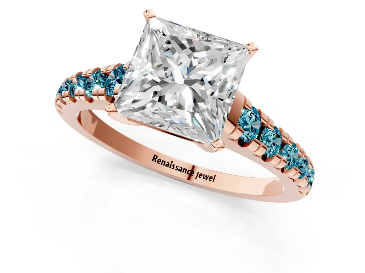 Princess Cut Diamond Cathedral Solitaire Ring with Round Blue Topaz Pavé Band Rose gold