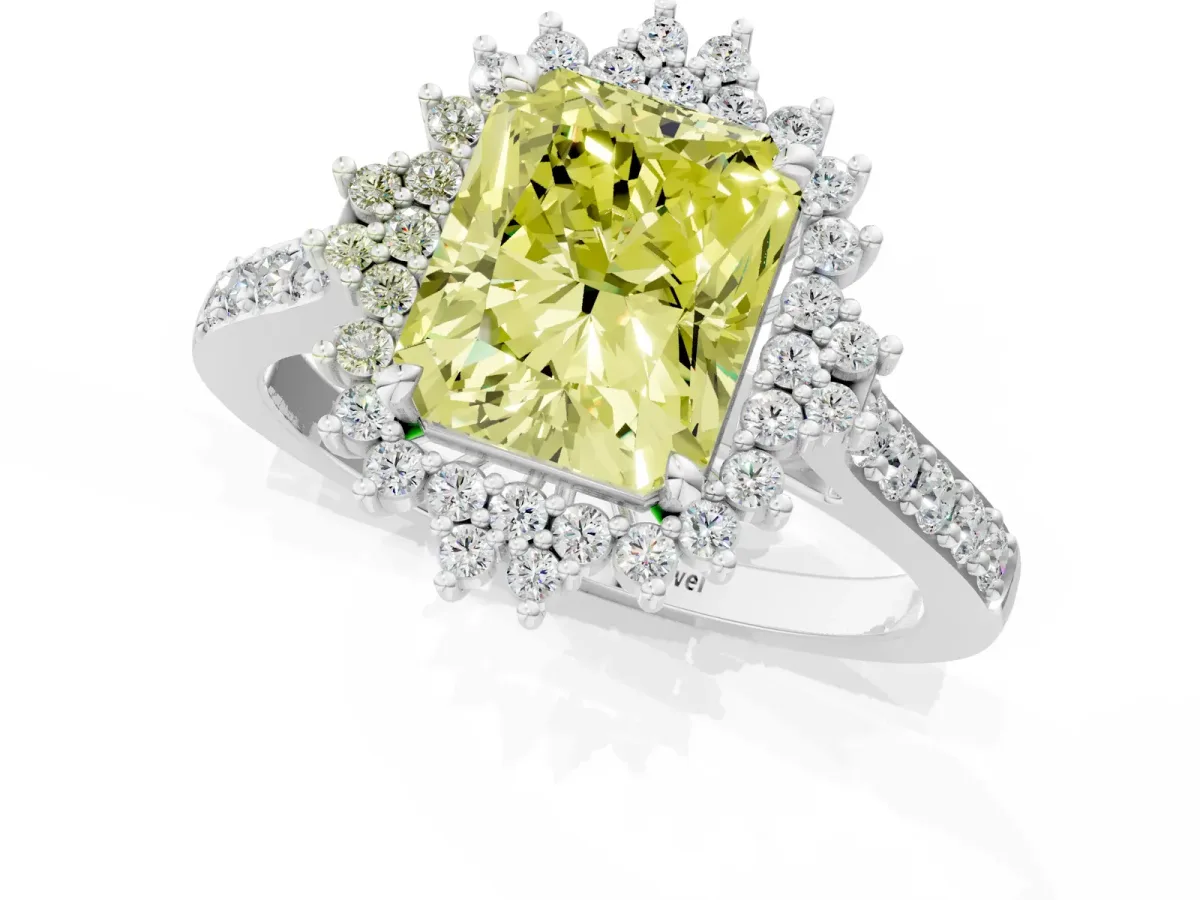 Fancy Yellow Radiant Cut Cut Diamond Sunburst Halo Engagement Ring with Pavé Band Platinum