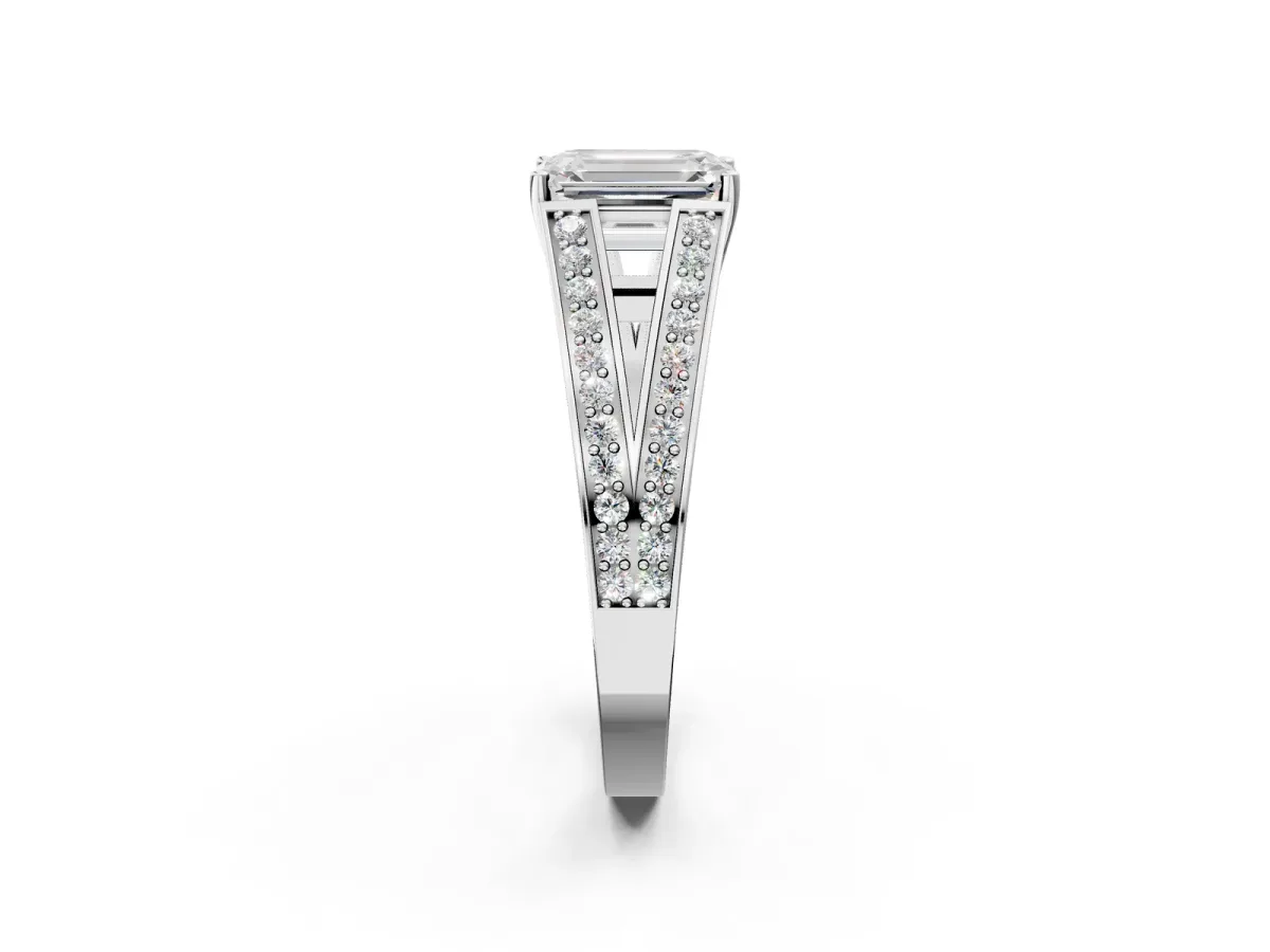 Emerald Cut Diamond Split Shank Ring with Pavé Band and Four-Prong Setting White gold