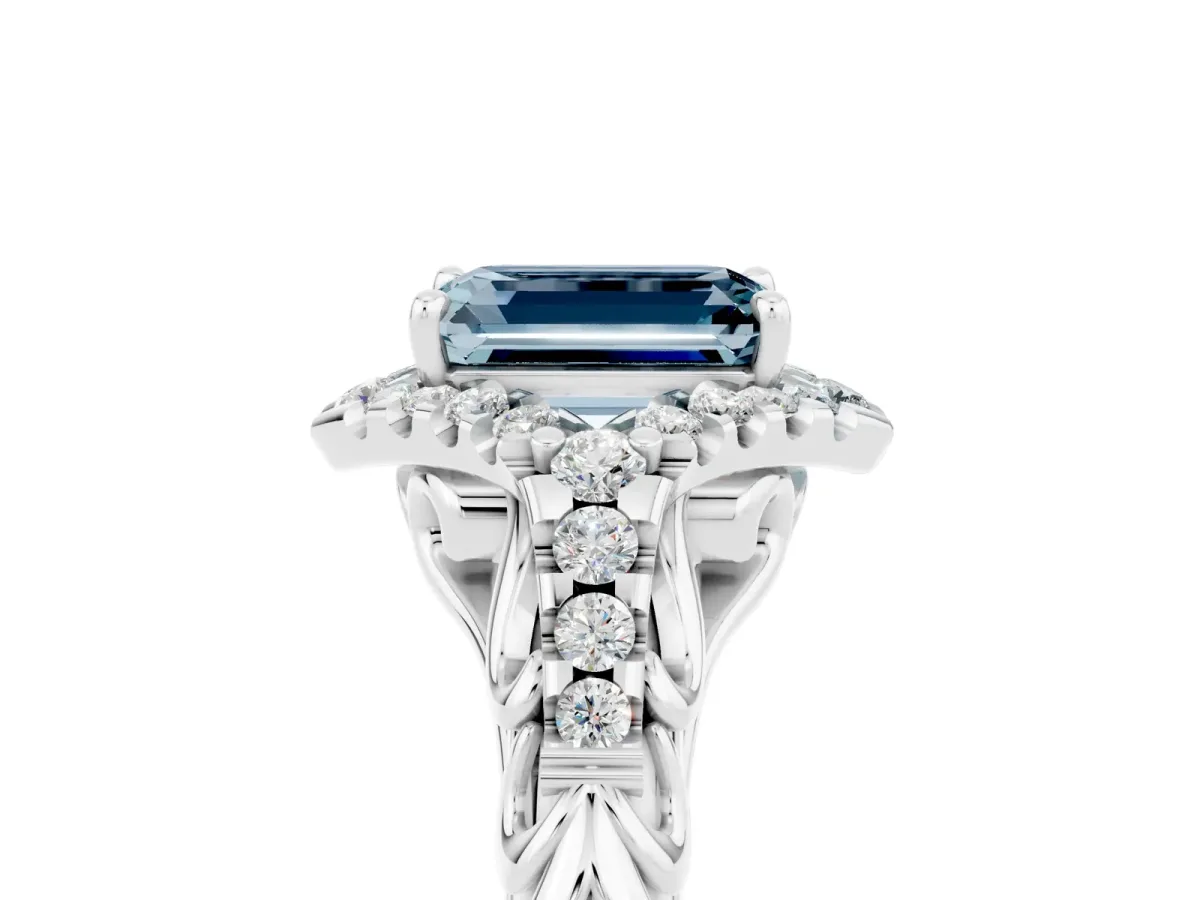Emerald Cut Aquamarine Solitaire Ring with Hidden Halo and Pavé Band White gold