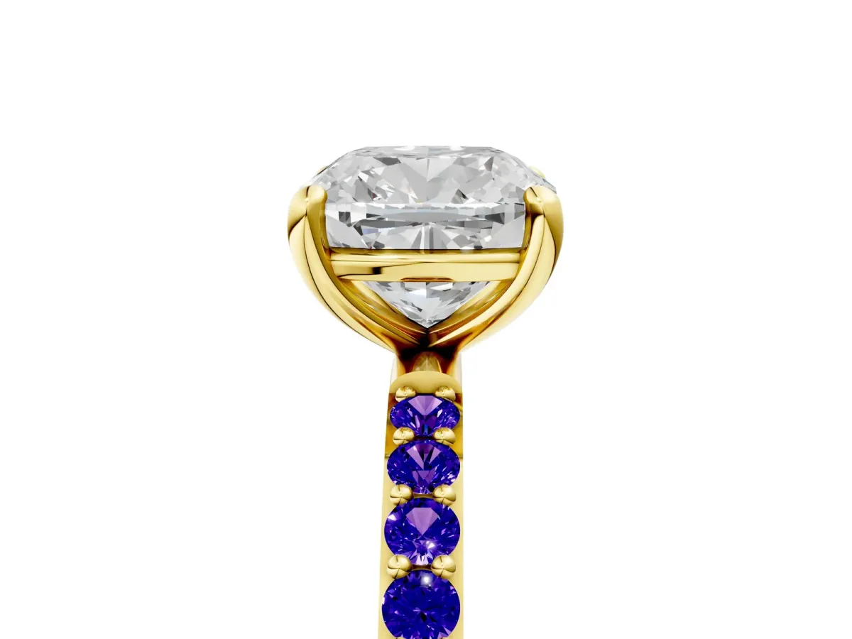 Cushion Cut Diamond Solitaire Ring with Round Tanzanite Pavé Band and Prong Setting Yellow gold