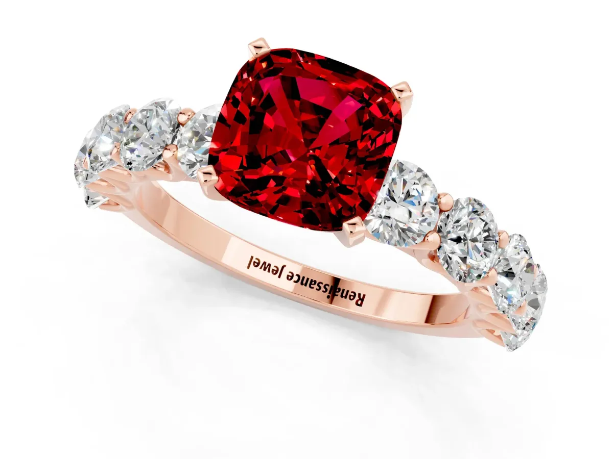 Cushion Cut Ruby Prong Setting with Side Stones on a Pave Band Rose gold