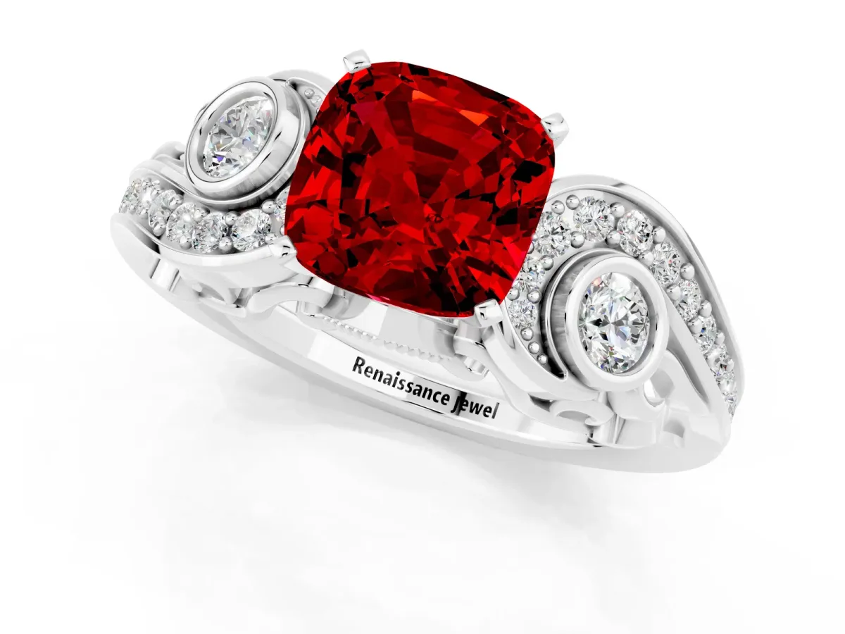 Cushion Cut Ruby Solitaire Ring with Milgrain Pavé Band and Four-Prong Setting Platinum