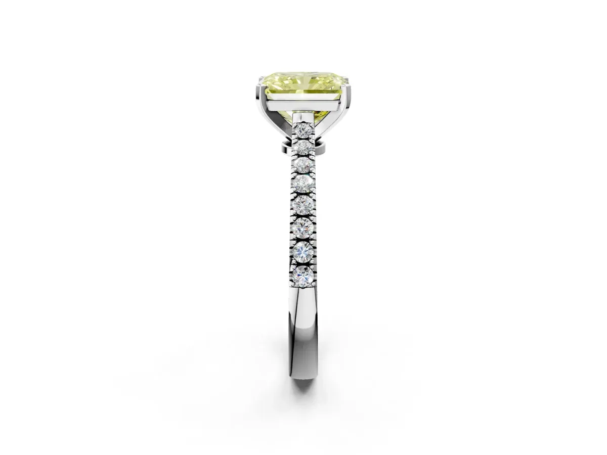 Fancy Yellow Radiant Cut Cut Solitaire Diamond Engagement Ring with Pave Band and Four-Prong Setting White gold