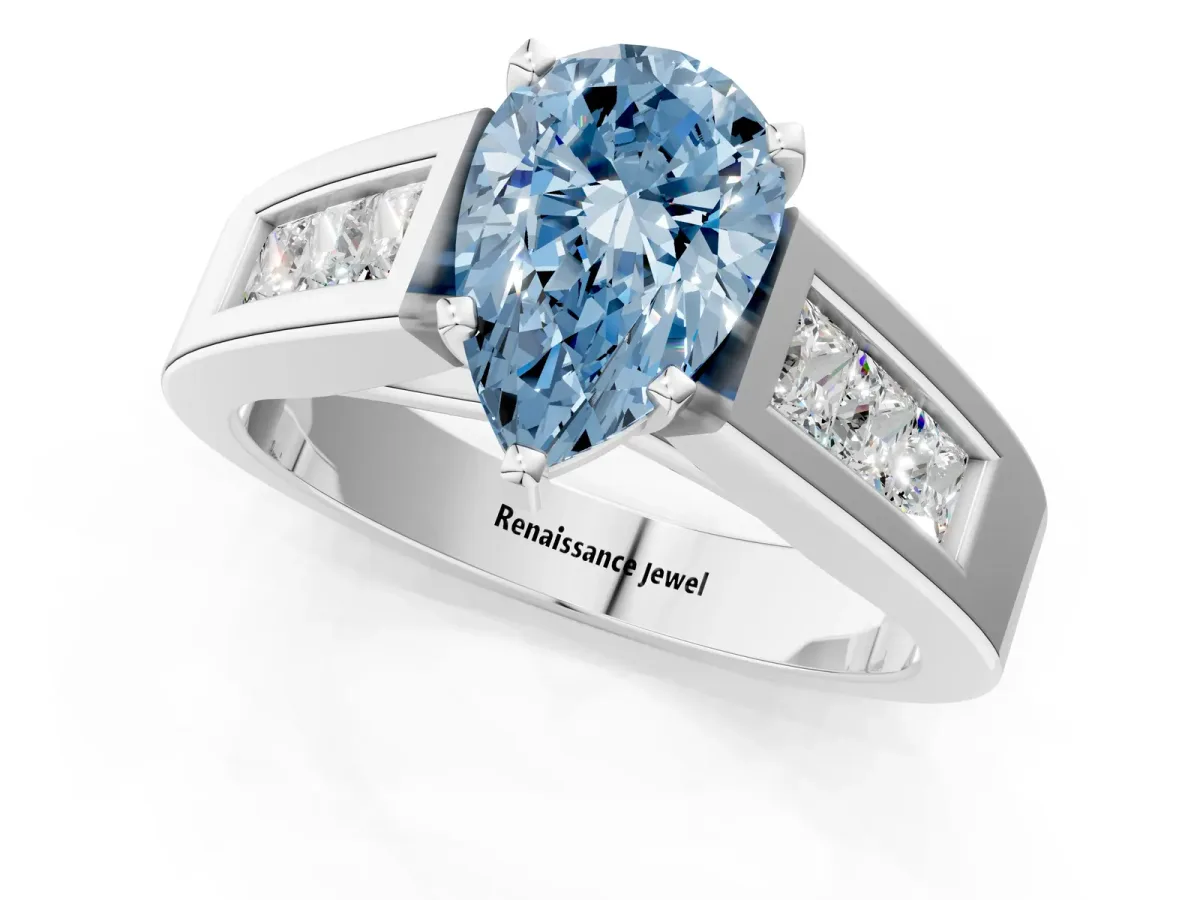 Fancy Blue Pear Cut Cut Channel Set Solitaire Ring with Four-Prong Setting White gold