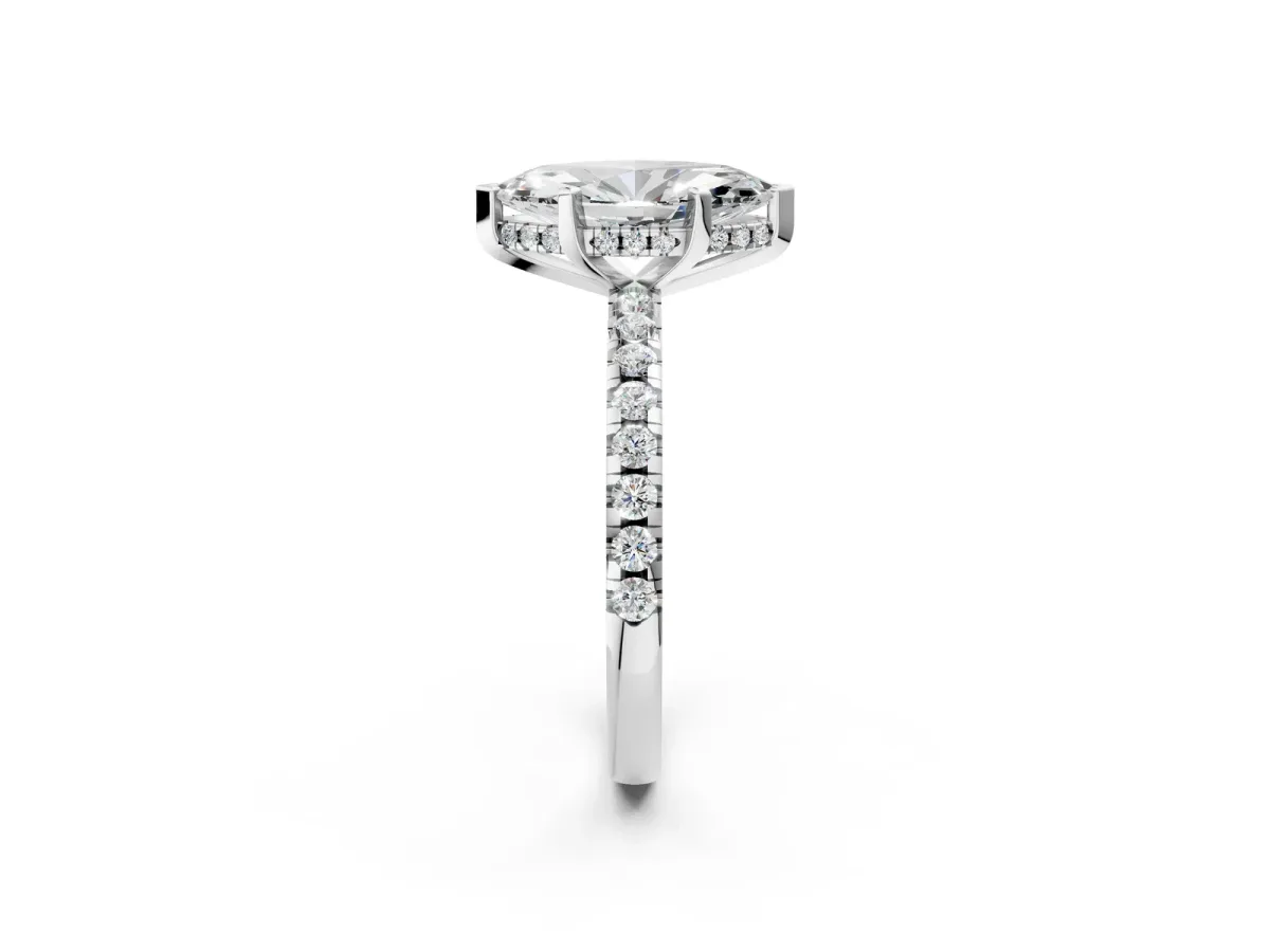 Marquise Cut Diamond Solitaire Ring with Round Moissanite Pavé Band and Four-Prong Setting White gold