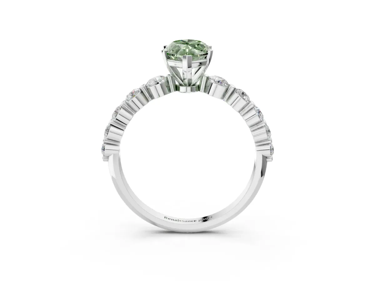 Fancy Green Marquise Cut Solitaire Diamond Ring with Pave Band and Four-Prong Setting Silver
