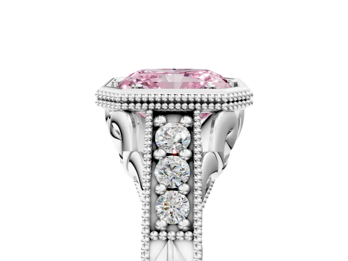 Fancy Pink Bezel Set Radiant Cut Diamond Milgrain Pave Engagement Ring Platinum