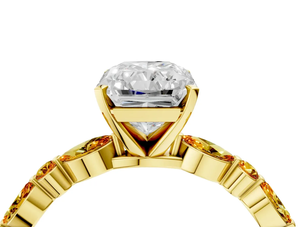 Radiant Cut Diamond Ring with Marquise and Round Citrine Side Stones and Four-Prong Setting Yellow gold