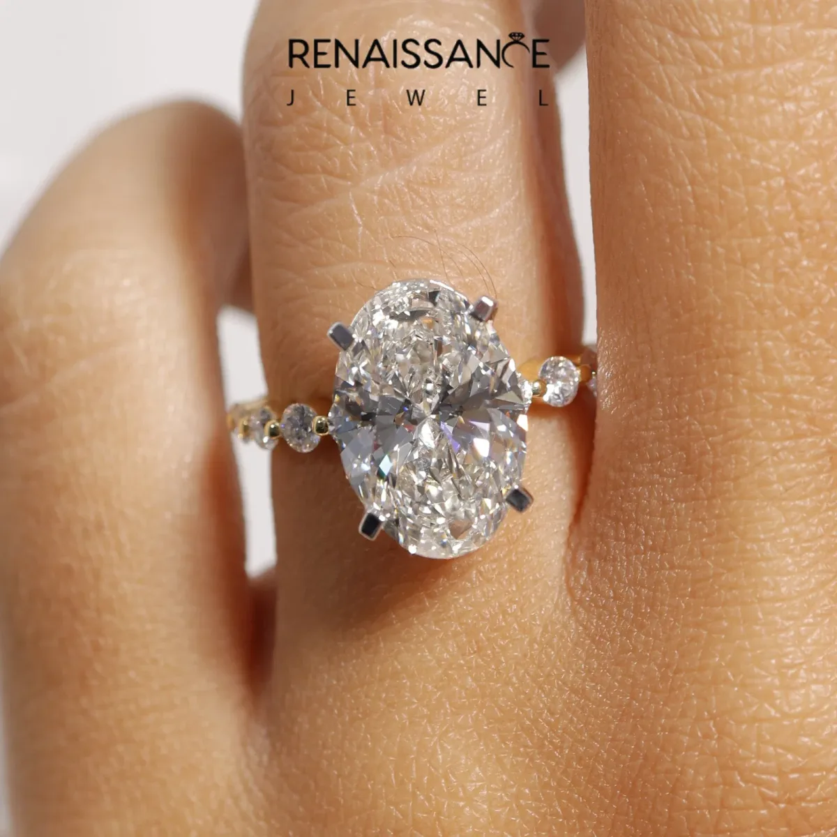 Oval Cut Solitaire Diamond Ring with Pave Band and Four-Prong Setting Yellow gold