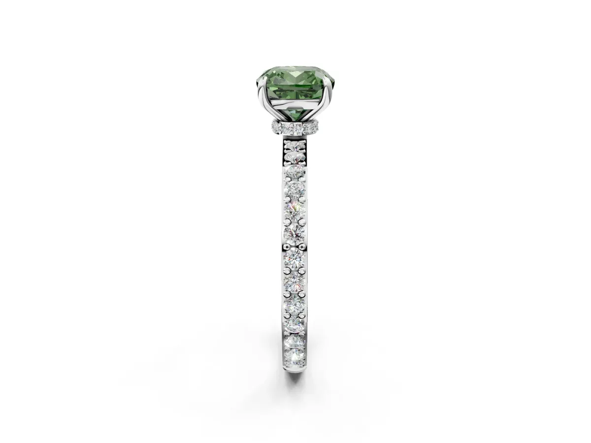 Fancy Green Cushion Cut Diamond Solitaire Engagement Ring with Pavé Band and Four-Prong Setting White gold