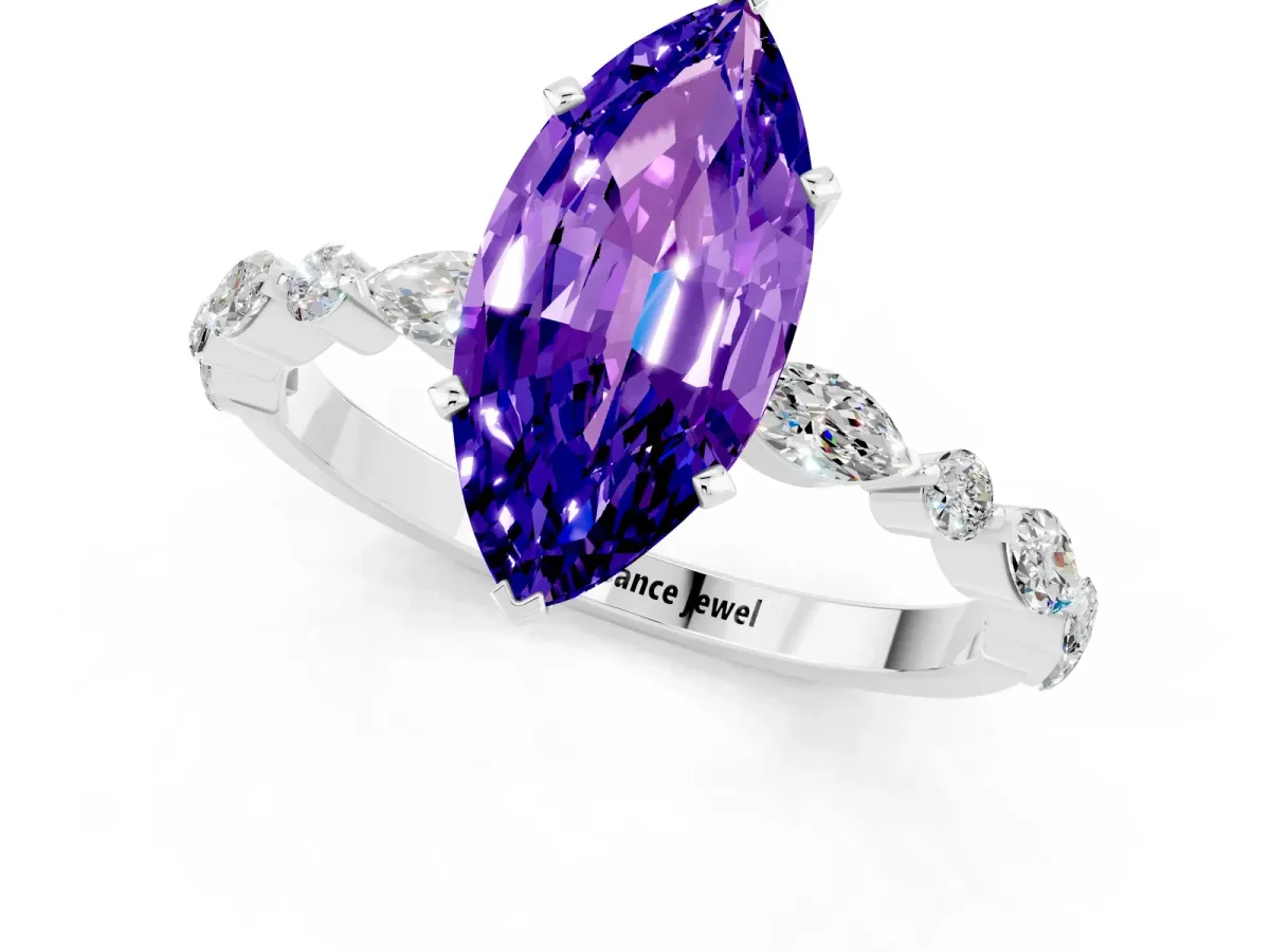 Marquise Cut Tanzanite Ring with Marquise and Round Side Stones and Four-Prong Setting White gold