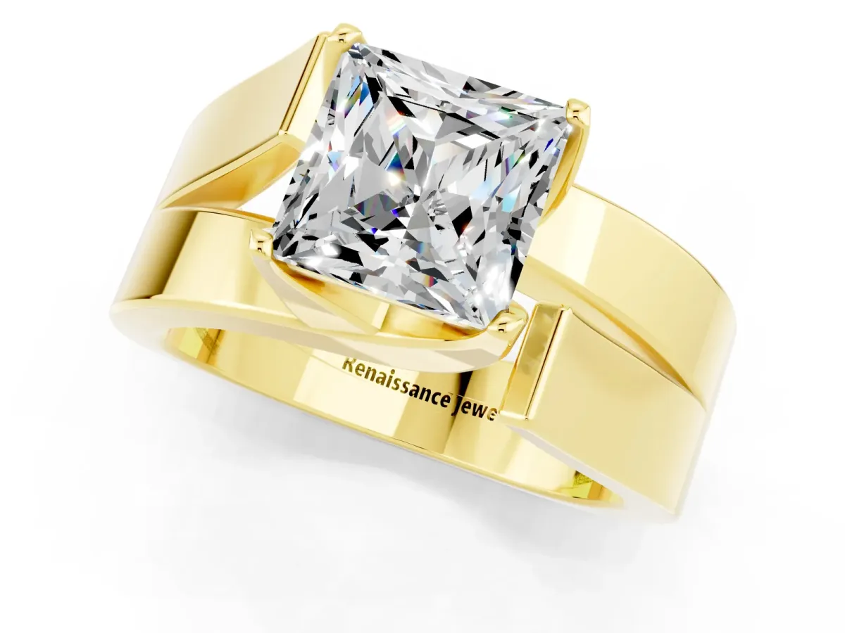 Modern Tension Set Princess Cut Moissanite Solitaire Wide Band Ring Yellow gold