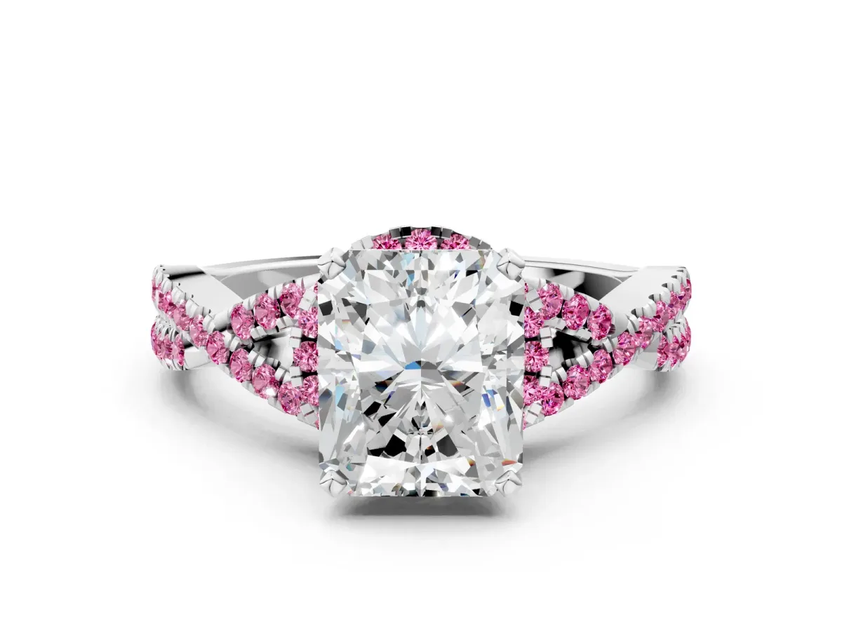 Radiant Cut Diamond Pink Sapphire Halo Twist Band Solitaire Prong Setting Ring White gold