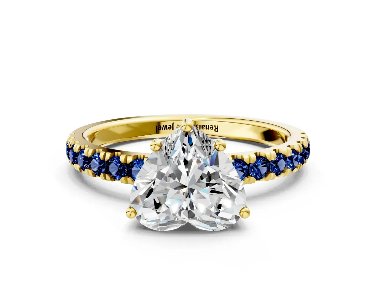 Heart Cut Diamond Pave Band Solitaire Ring with Round Blue Sapphire and Prong Setting Yellow gold