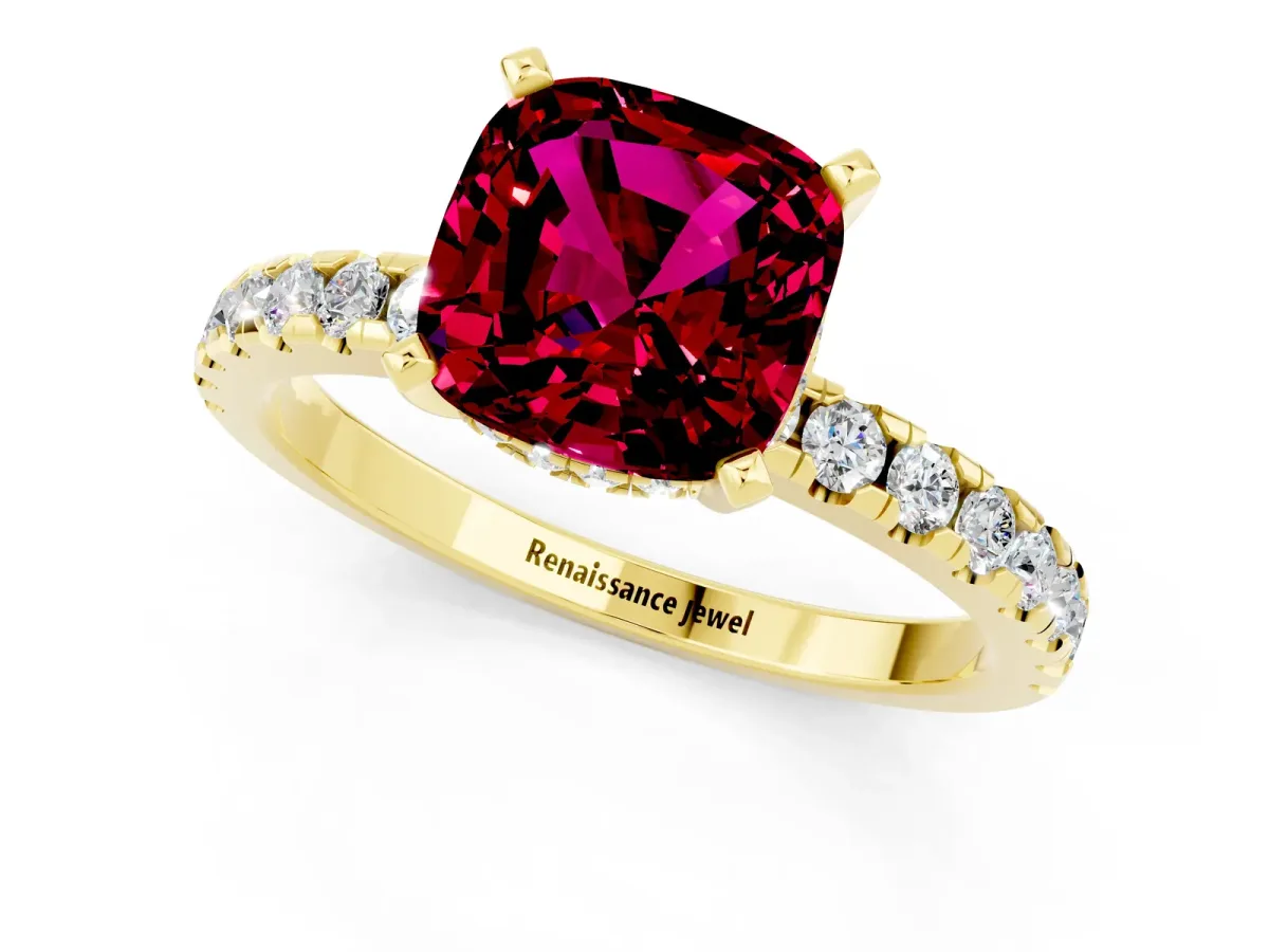 Cushion Cut Garnet Solitaire Ring with Round Pavé Band and Four-Prong Setting Yellow gold