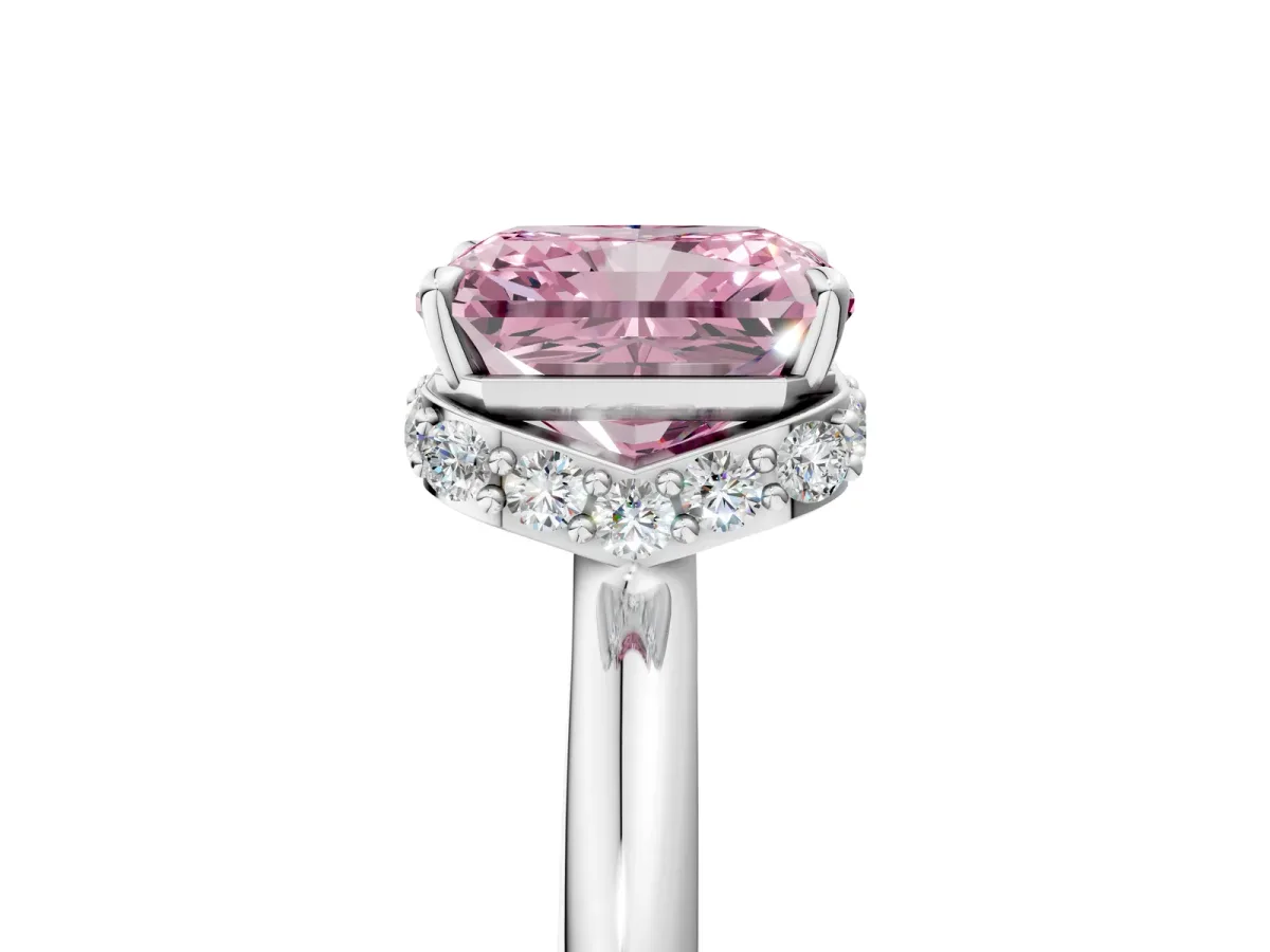 Fancy Pink Radiant Cut Brilliant Solitaire Engagement Ring with Six-Prong Setting and Classic Band Platinum