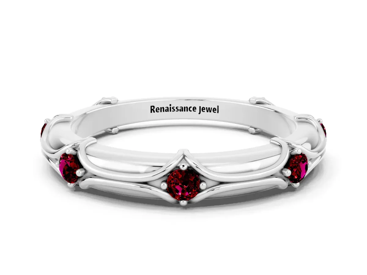 Round Garnet Prong Set Milgrain Eternity Band White gold