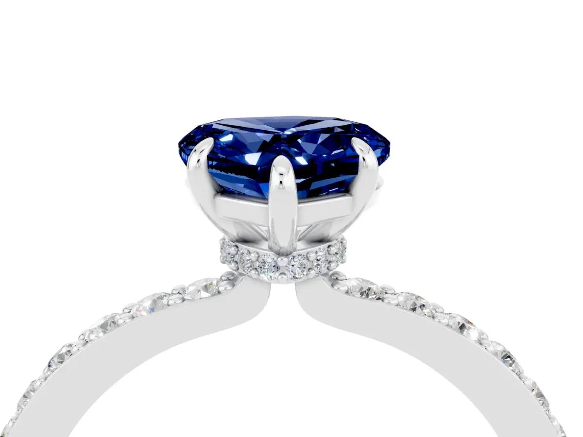 Heart Cut Blue Sapphire Solitaire Engagement Ring with Pavé Band and Four-Prong Setting White gold
