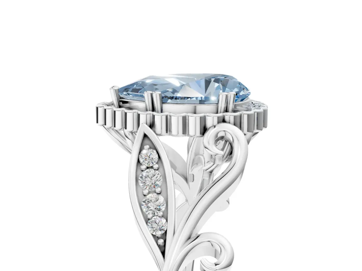 Fancy Blue Pear Cut Diamond Halo Ring with Vintage Split Shank and Four-Prong Setting Platinum