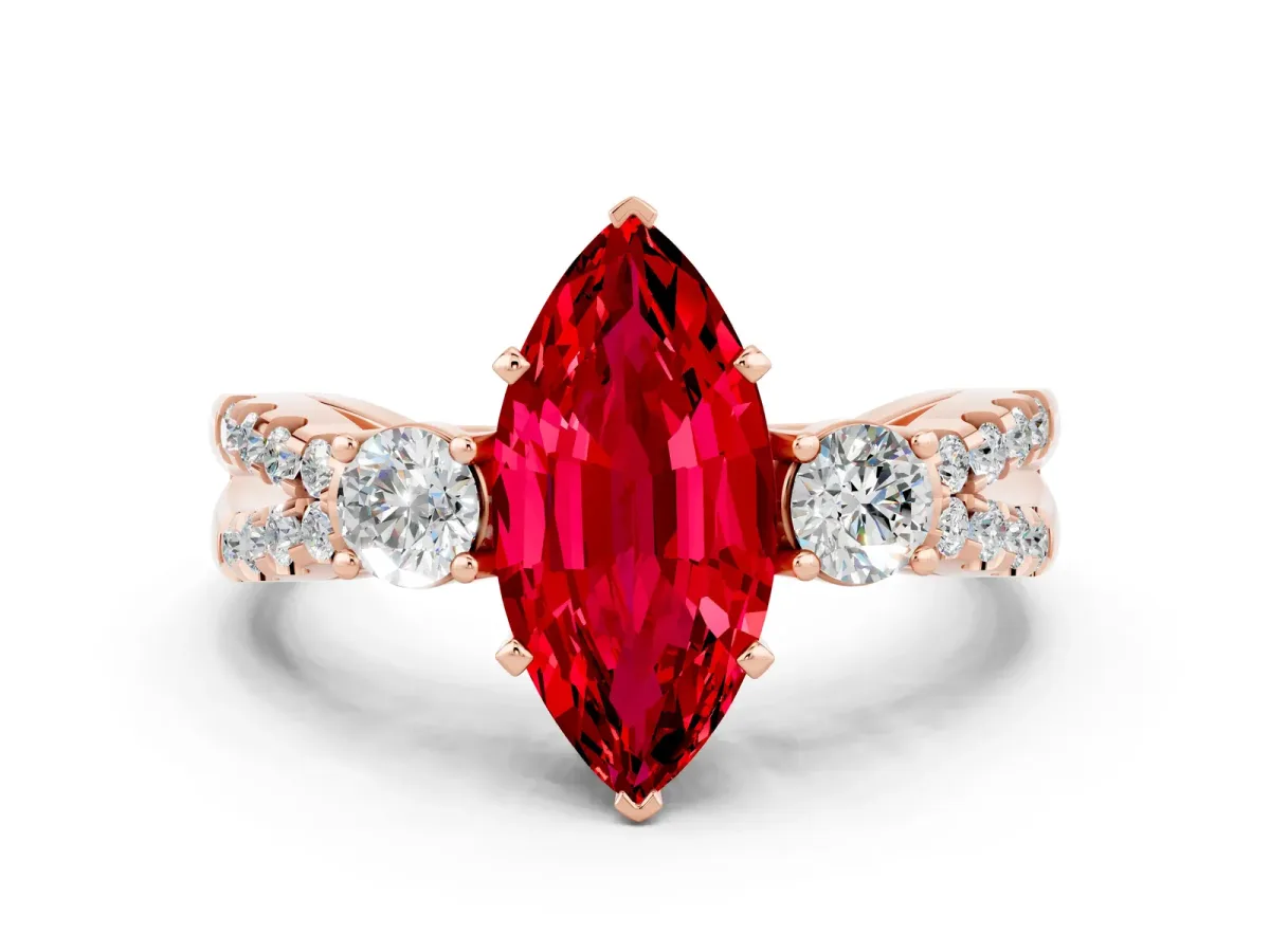 Marquise Cut Ruby Three-Stone Ring with Pavé Split Shank and Four-Prong Setting Rose gold