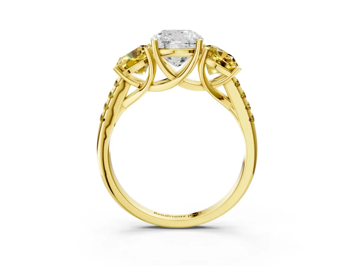 Three-Stone Cushion Cut Diamond Ring with Round Yellow Sapphire Pavé Band and Prong Setting Yellow gold