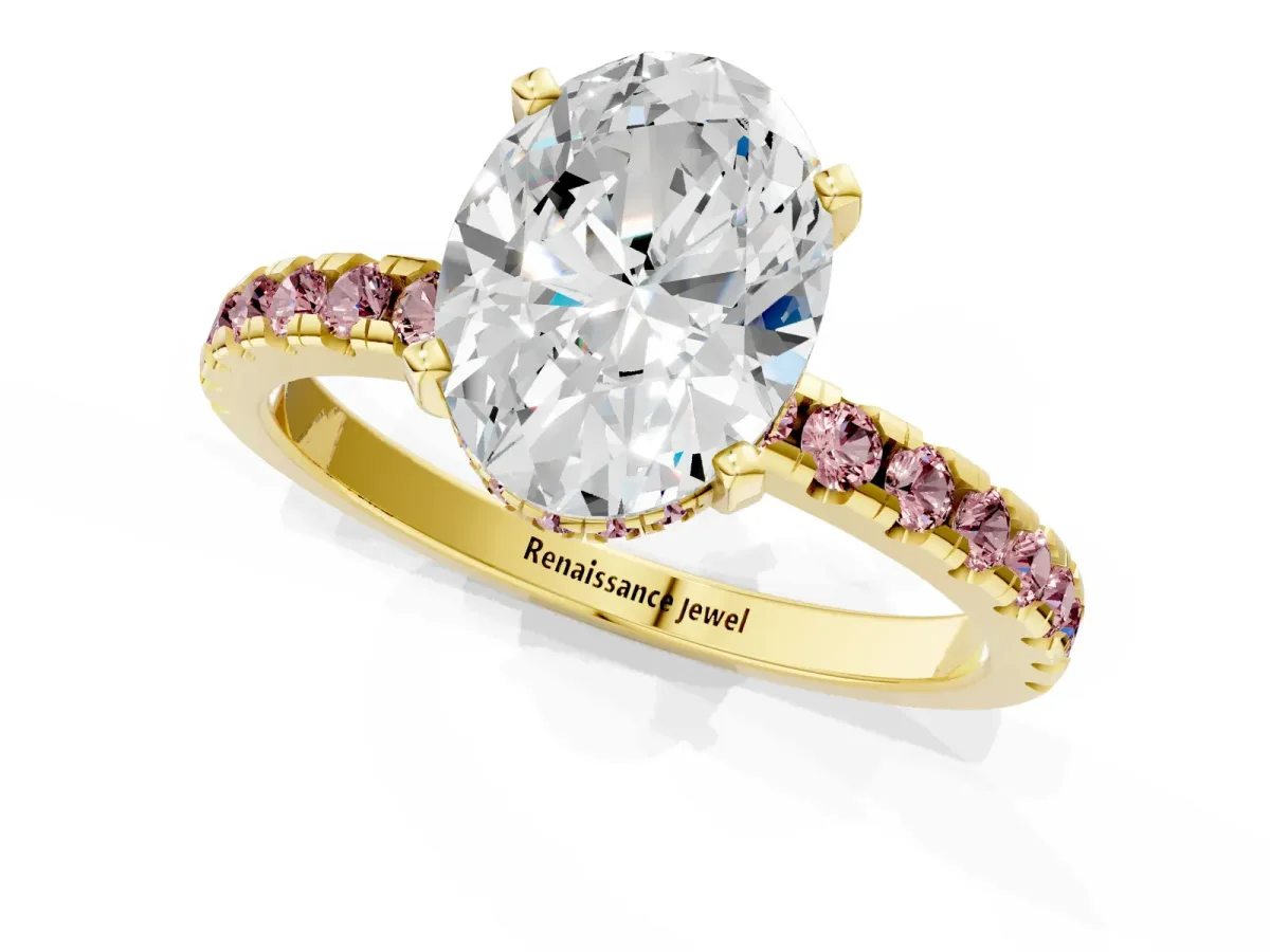Oval Cut Diamond Solitaire Ring with Round Morganite Pavé Band and Four-Prong Setting Yellow gold