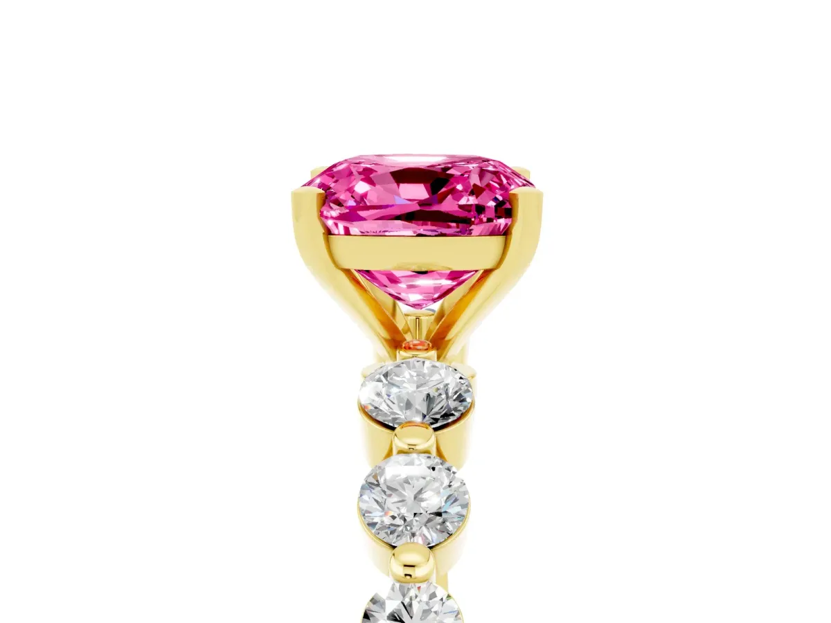 Cushion Cut Solitaire Pink Sapphire Ring with Pave Band and Four-Prong Setting Yellow gold
