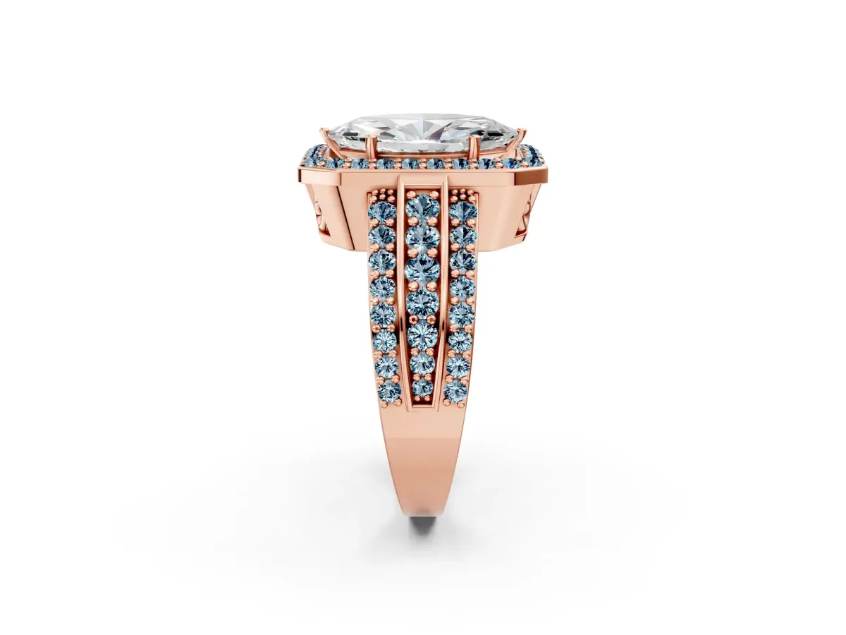 Marquise Cut Halo Diamond Ring with Round Aquamarine Split Shank and Prong Setting Rose gold