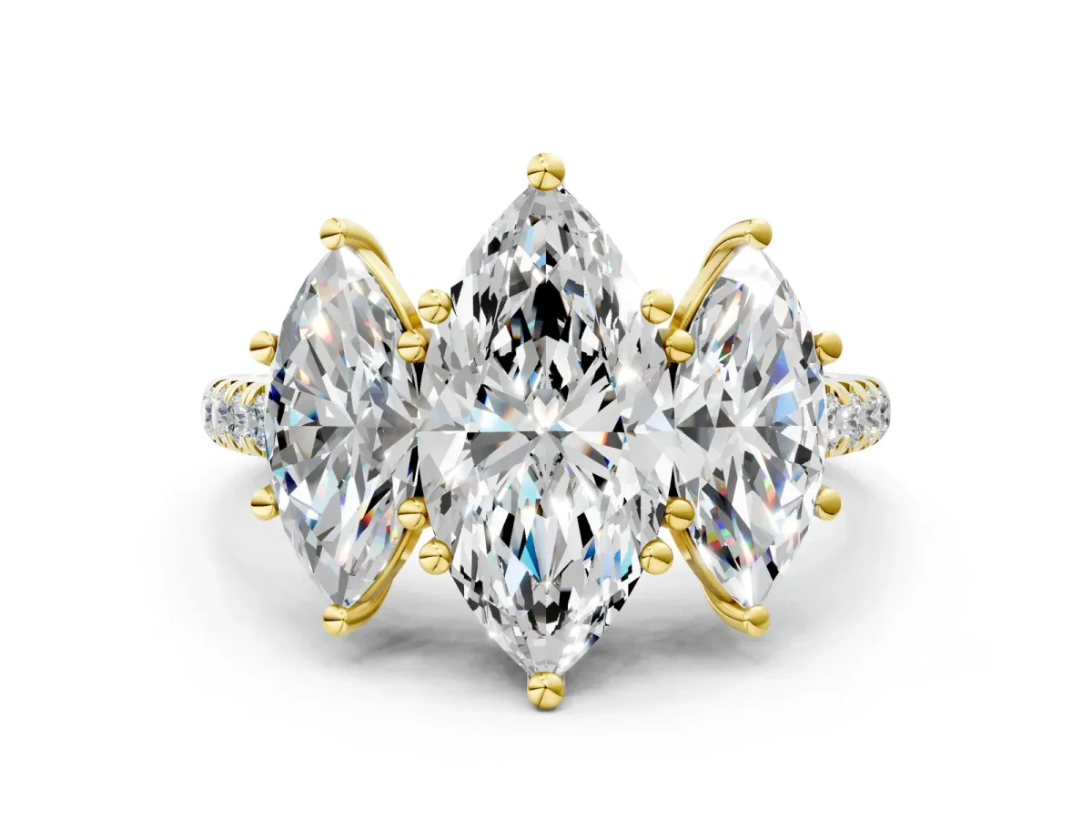 Fancy Green Three-Stone Marquise Cut Diamond Ring with Round Pavé Band and Prong Setting Yellow gold