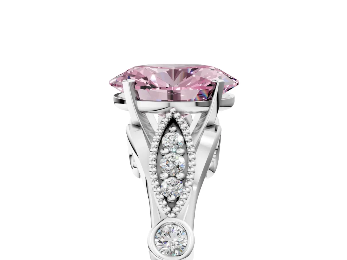 Fancy Pink Oval Cut Cut Diamond with Milgrain Marquise and Bezel Accents on a Solitaire Band with Prong Setting Silver