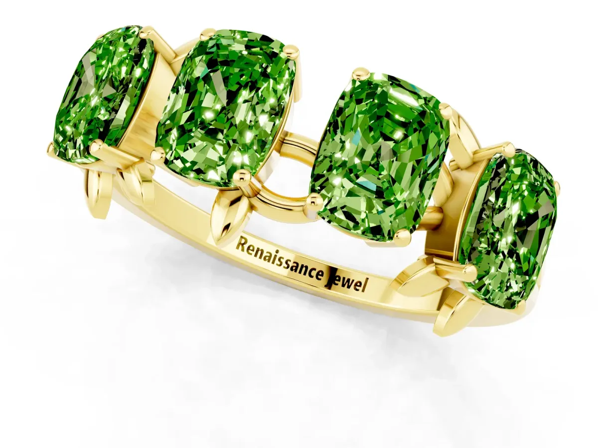 Four-Stone Elongated Cushion Peridot Band with Nature-Inspired Prong Setting Yellow gold