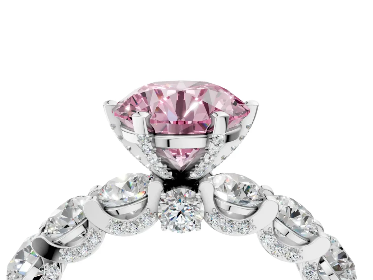 Fancy Pink Round Cut Diamond Side Stone Engagement Ring with Four-Prong Setting Silver