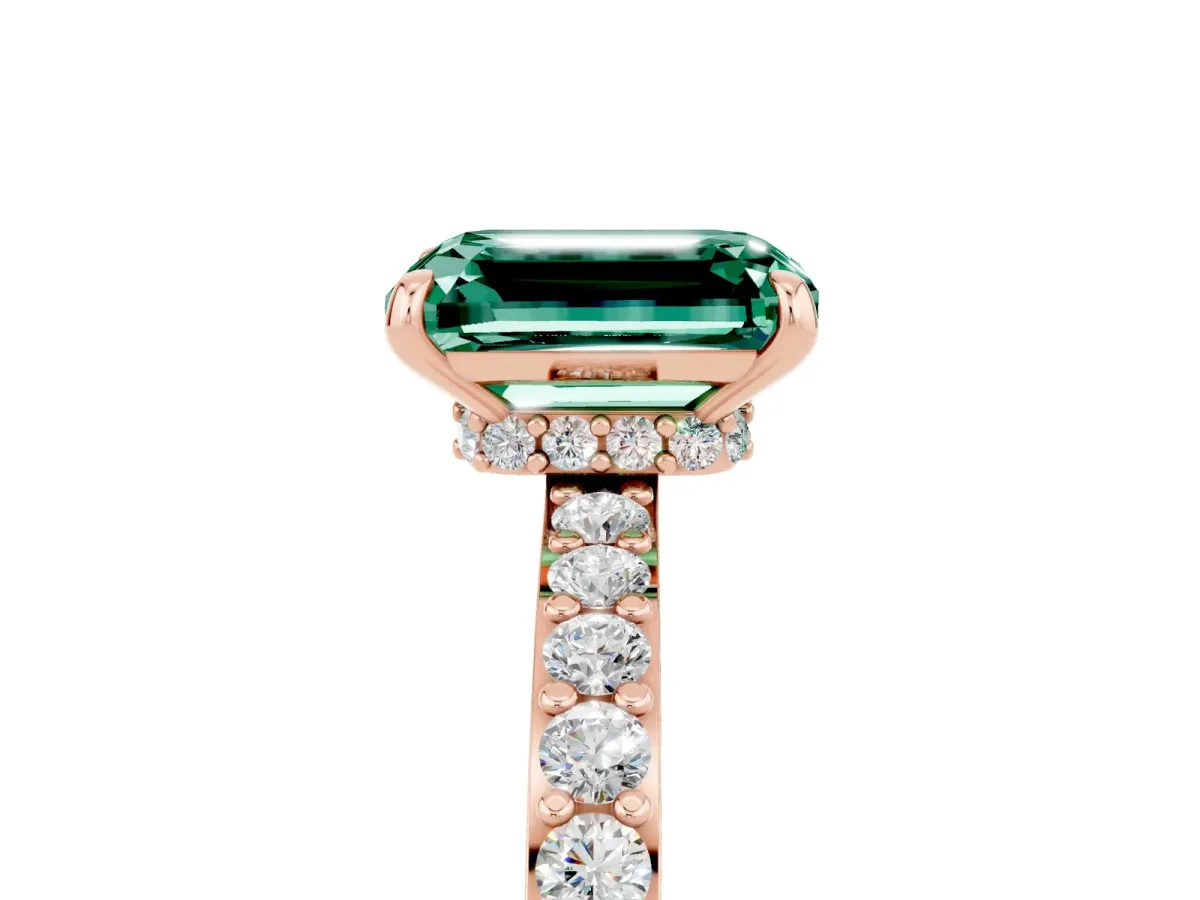Emerald Cut Green Sapphire Solitaire Engagement Ring with Pavé Band and Four-Prong Setting Rose gold